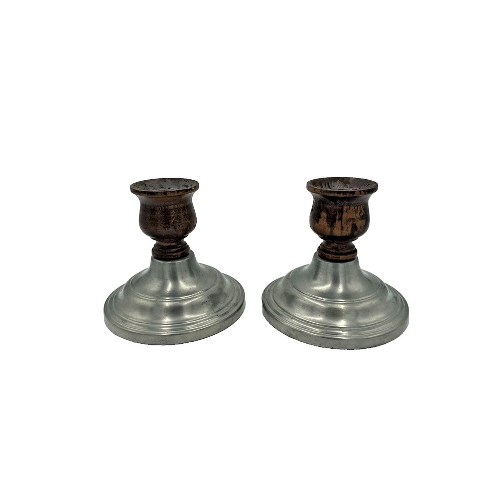 Vtg Set of‎ 2 Pewter & Wood Candle Holders 4" Candlesticks Home Decor